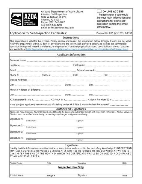 Arizona Application For Self Inspection Certificates Fill Out Sign Online And Download Pdf