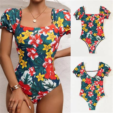 Women One Piece Bikini Contrast Print Green Puff Sleeve Ruffle Swimsuit Swimwear Wholesale