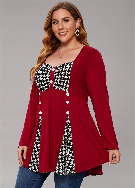 Rotita Long Sleeve Plus Size Houndstooth Print T Shirt Plus Size Tops