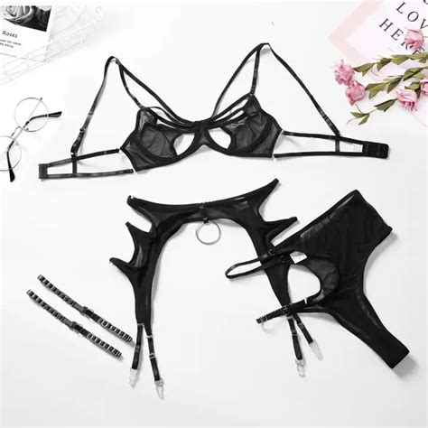 Women Erotic Lingerie Piece Set Hollow Out Butterfly Bra And Thong Set Half Cup Strap