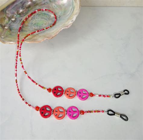 Peace Sign Beaded Eyeglass Holder Colorful Eyeglass Chain Pink Handmade Glasses Chain Crochet