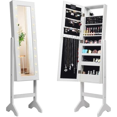 COSTWAY Armoire à Bijoux sur Pied avec 18 LED Angle Réglable Doublure