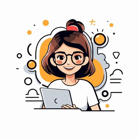 Premium Vector Cute Girl With Glasses And Laptop In Hand Vector