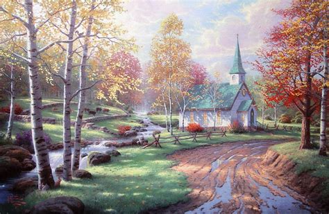 thomas, Kinkade, Art, Paintings, Roads, Rustic, Rivers, Church, Building, Architecture, Trees ...