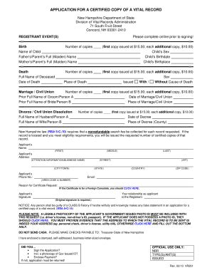 Fillable Online Sos Nh Application For A Certified Copy Of A Vital