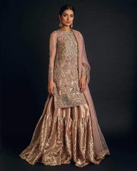 Pink Golden Gharara Set Work Embellished With Dabka Zari Nagh And