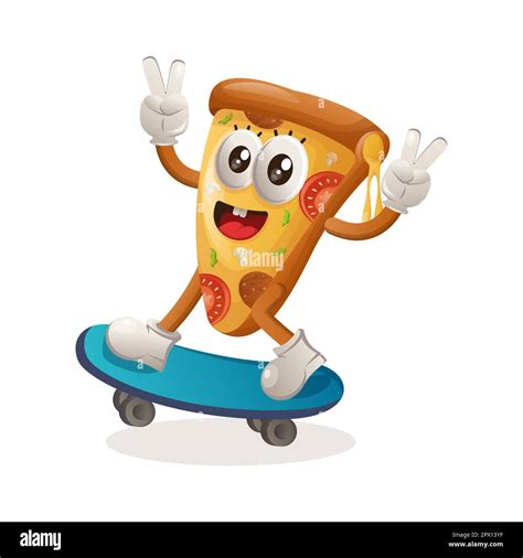 Cute Pizza Mascot Playing Skateboard Skateboarding Perfect For Food