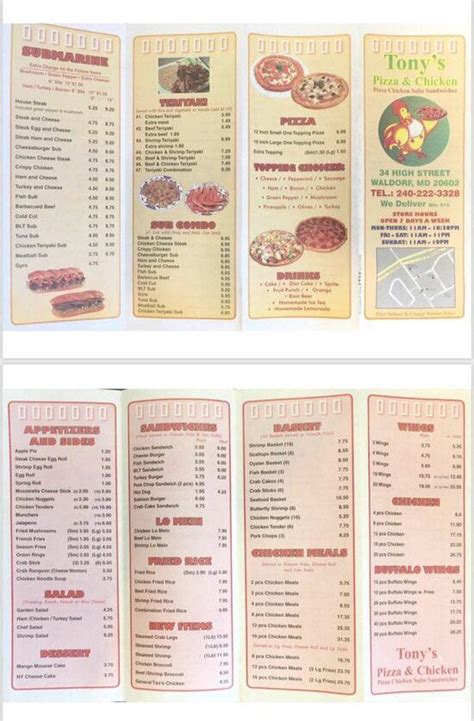 Menu At Tony S Pizza Chicken Pizzeria Waldorf Smallwood Village