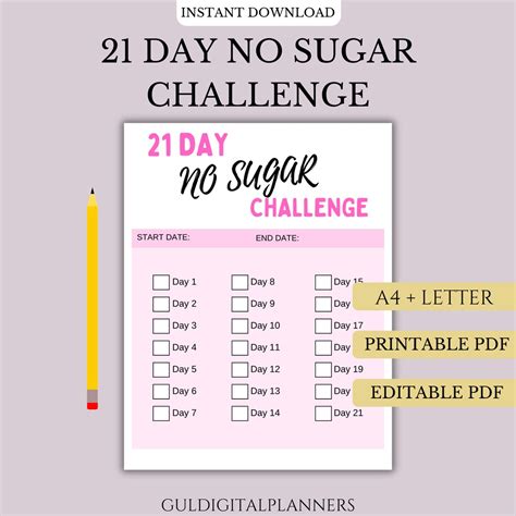 No Sugar Challenge 21 Day No Sugar Printable Sugar Detox No Sugar