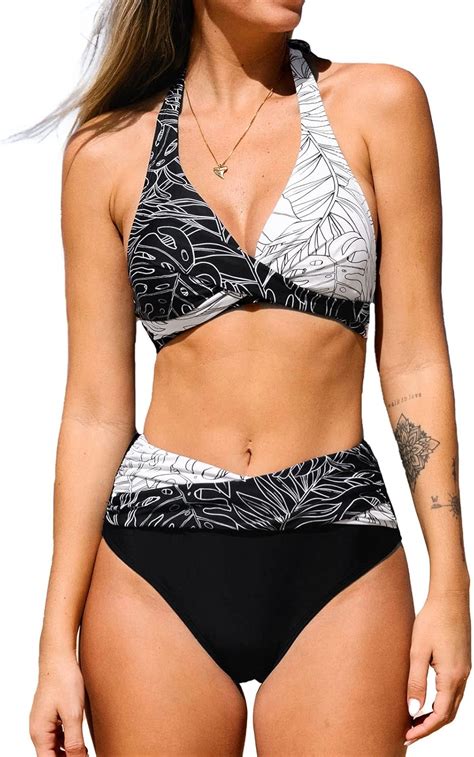 CUPSHE Women S Two Piece High Waisted Halter Color Block Self Tie Bikini Set Black And White