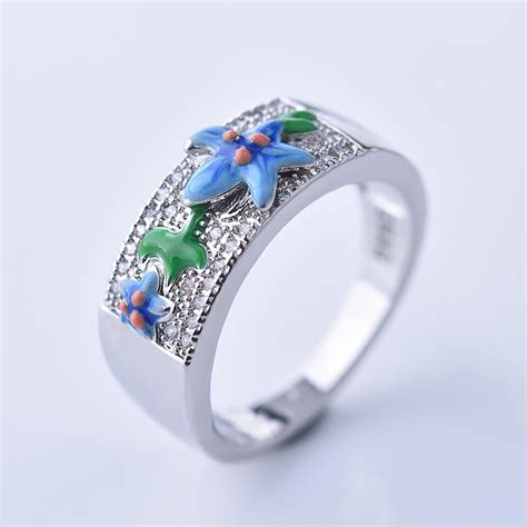 Buy Pcs Set Trendy Blue Flower Leaf Enamel Crystal Earrings Ring