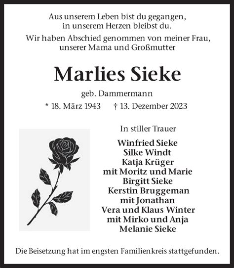 Traueranzeigen Von Marlies Sieke Sich Erinnern De