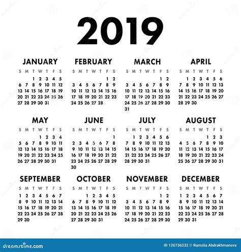 Календарь 2019 год Черно-белый шаблон вектора Старты недели Иллюстрация ...