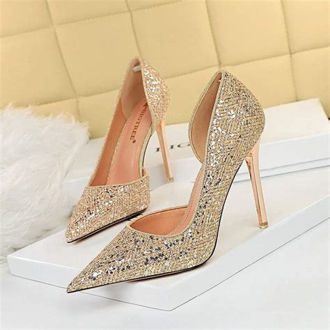 High Heel Shallow Mouth Pointed Side Hollow Sequins Shoes Chyhua