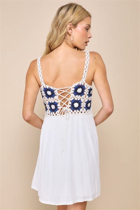 White And Blue Crochet Dress Lace Up Mini Dress Crochet Dress Lulus