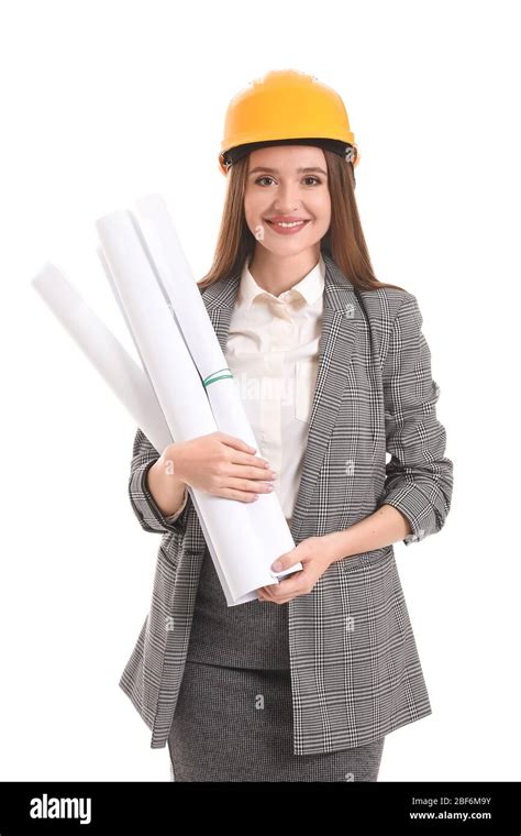 Female engineer with drawings on white background Stock Photo - Alamy