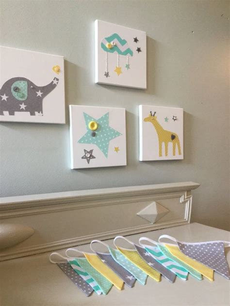 Nursery Canvases Elephant Giraffe Star Cloud Mint Green Grey Etsy UK