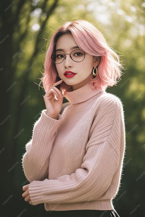 Premium Ai Image A Woman Wearing Glasses And A Sweater With Pink Hair Is Posing For A Photo