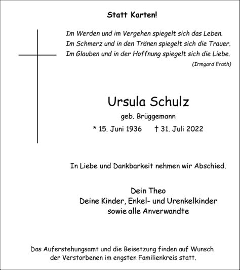 Traueranzeigen Von Ursula Schulz Sich Erinnern De