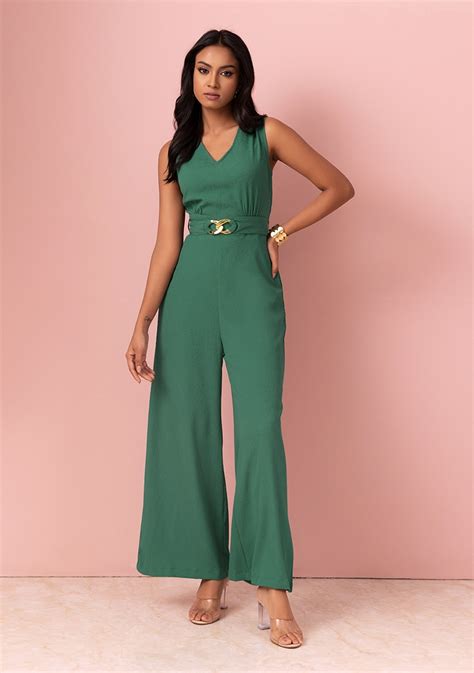 Buy Women Dark Green Jumpsuit With Belt Date Night Dress Online India