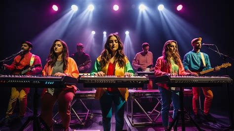 Premium Photo | A colorful band of six people playing synthesizers on a ...