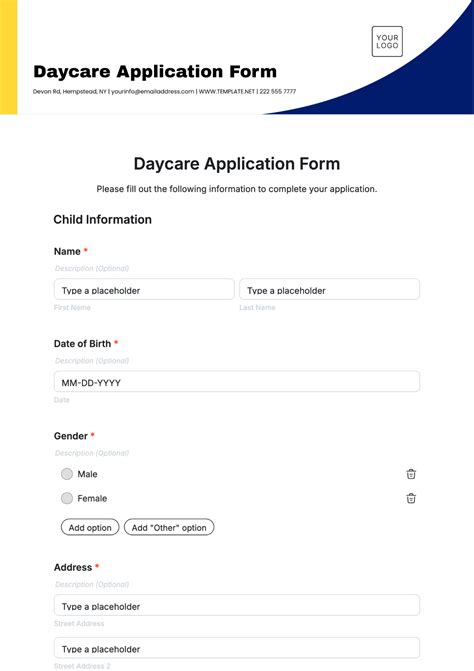 Free Daycare Application Form Template to Edit Online