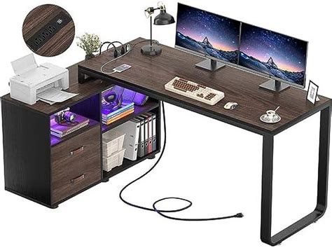 L Shaped Desk With File Cabinet And Power Outlet Reversible 55 Inch Large