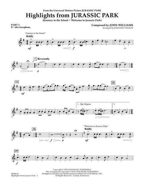 Jurassic Park Theme Alto Sax Sheet Music