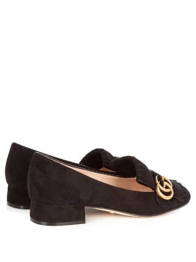 Gucci Marmont Fringed Logo Embellished Suede Loafers In Black Modesens