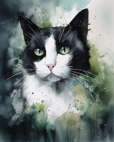 Una Pintura De Un Gato Blanco Y Negro Con Ojos Verdes Foto Premium