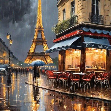 Parisian Cafe Eiffel Tower Background Rain Lights