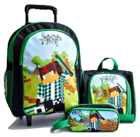 Mochila Authentic Minecraft Rodinhas Lancheira Estojo Verde