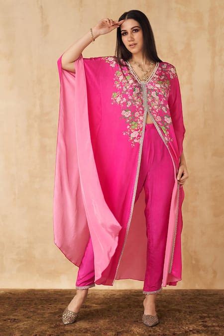 Buy Pink Crepe Printed Floral V Neck Kaftan And Pant Set For Women By