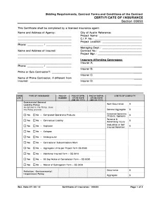 Fillable Online Ftp Austintexas Certificate Of Insurance Section