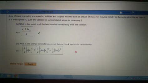 Solved A Car Of Mass M Moving At A Speed V1 Collides And