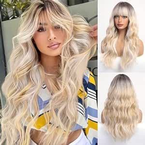 Amazon Blonde Unicorn Ombre Blonde Wigs With Bangs Long Wavy Wigs