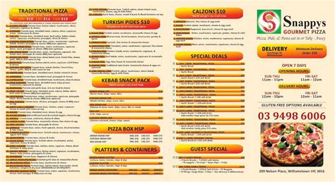 Menu at Snappy’s pizza Williamstown restaurant, Williamstown