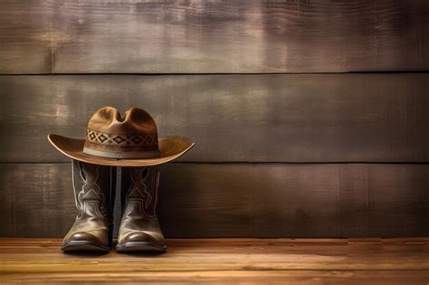 Cowboy hut und cowboy stiefel auf einem hölzernen hintergrund attribute