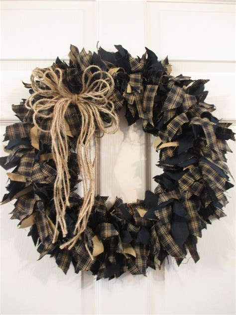 Handmade Primitive Fabric Rag Wreath Fall Autumn Blackdark Navy Tan