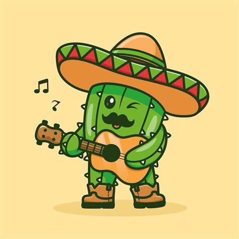 Premium Vector Cute Cactus Playing Guitar Music With Sombrero Hat