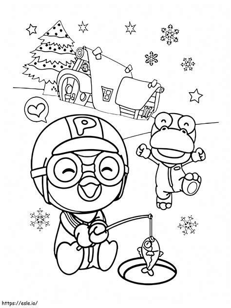 Pororo And Crong Fishing In Winter coloring page