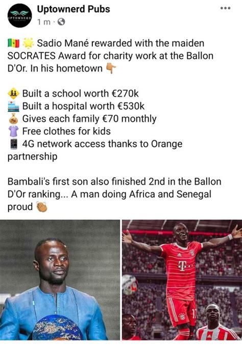 Sadio Mané Wins Maiden SOCRATES Award For Charity Work At The Ballon D ...