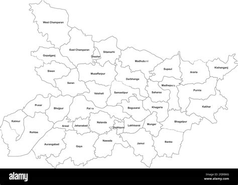 Bihar districts map with name labels. Northeast indian state. White ...