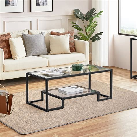 Ember Interiors Modern Glass Coffee Table With Metal Frame Black