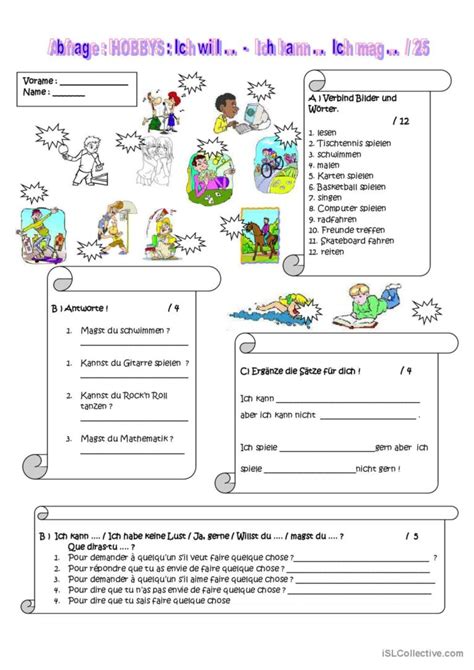 Hobbys allgemeines leseverständnis English ESL worksheets pdf doc