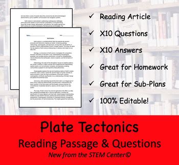 Plate Tectonics Reading Passage And X Questions Editable Tpt