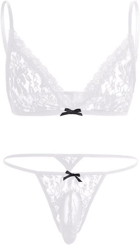 Iiniim Men S Sheer Lace G String Thong Bikini Briefs T Back Underwear Bra Top Lingerie Set White