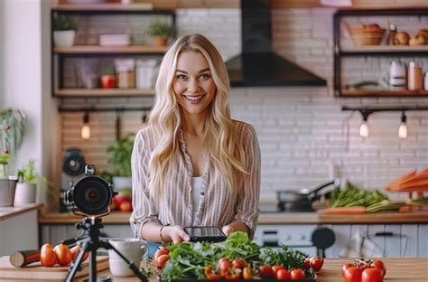 Premium Photo Beautiful Blonde Woman Social Media Influencer Cooking Video On Camera In The