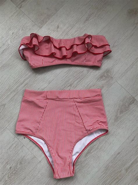 Free Shipping High Waist Bikini Bandeau Swimwear Women Ruffle Swimsuit Striped Swimming Suit