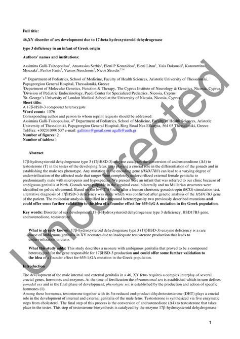 PDF XY Disorder Of Sex Development Due To Beta Hydroxysteroid Dehydrogenase Type